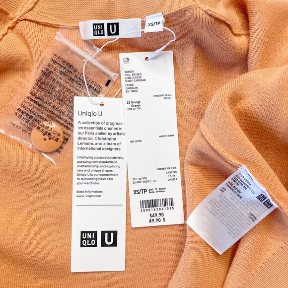 NWT UNIQLO 100% COTTON U FULL NEEDLE SHORT CARDIGAN XS "23 ORANGE" - Picture 3 of 4